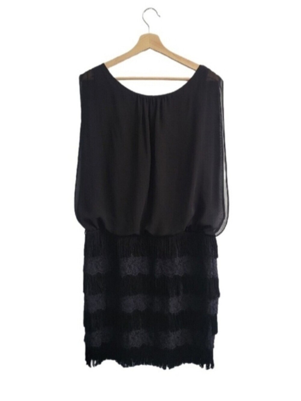 AIDAN by Aidan Mattox Black Chiffon Blouson Fringe Mini Dress Size 12 Wedding